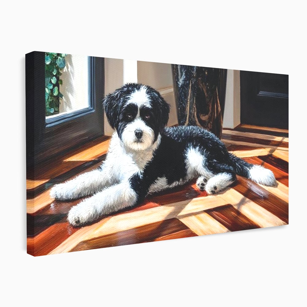 Tablou canvas cu tablou canvas cu catel negru cu alb, fara rama, pe sasiu de lemn